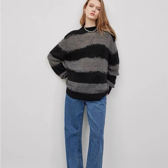 Striped Black and Gray Women's Sweater - Picture 2 of 8